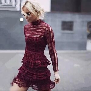 Self-Portrait Burgundy Long Sleeve Lace Dress